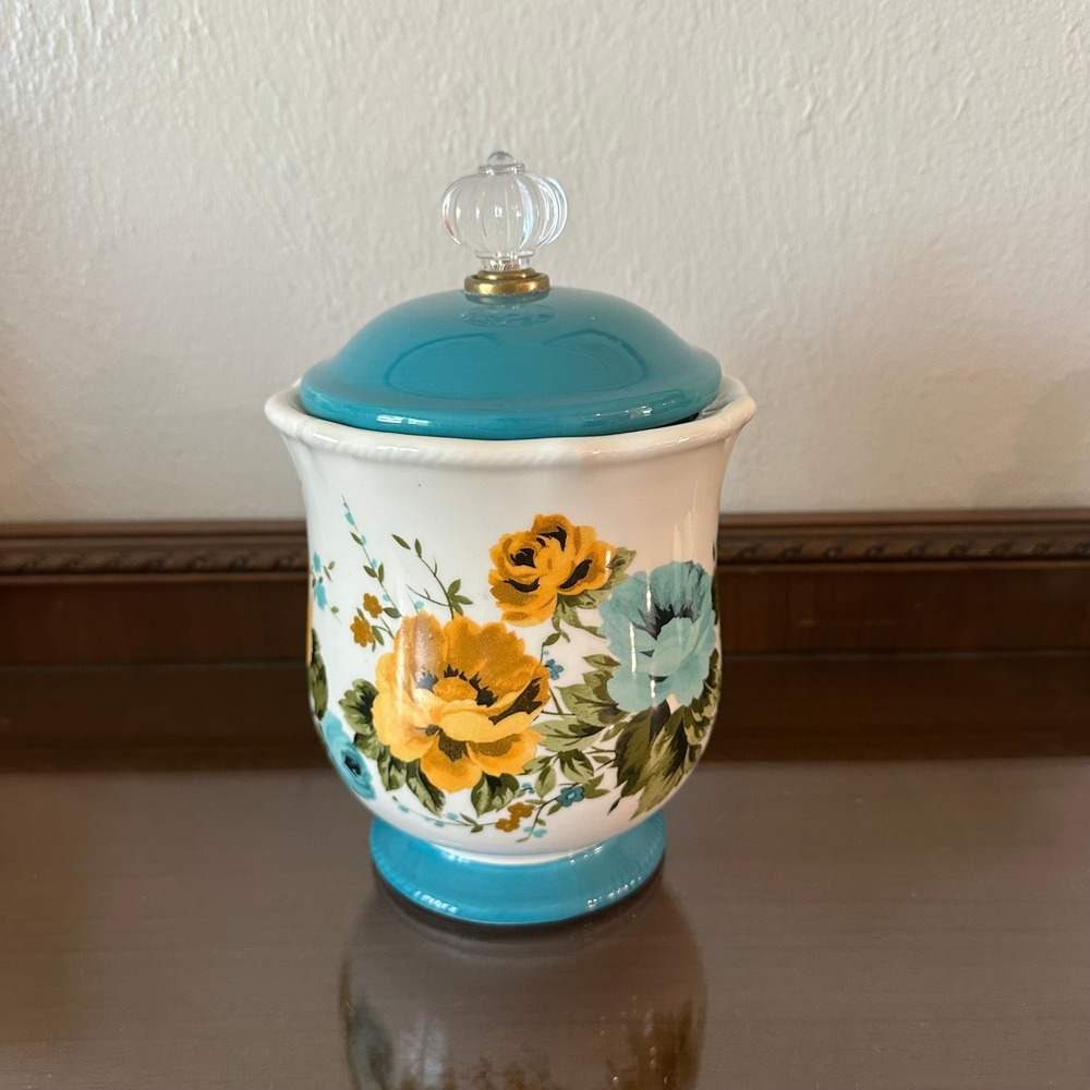 The Pioneer Woman Rose Shadow Stoneware Canister Teal Floral 8'' 38.5oz - Picture 2 of 5